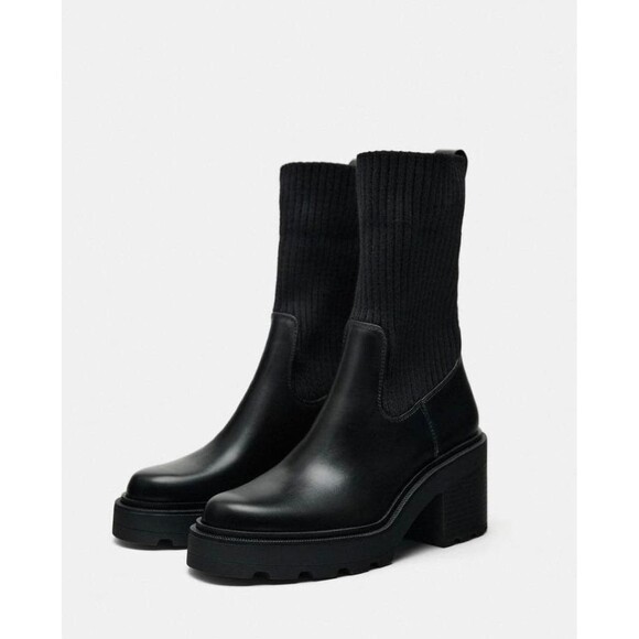 ZARA Women Ribbed Sock Chunky Ankle Boots With Track Sole Black US 7.5 EUR 38 - Picture 1 of 13